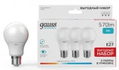 8W Лампа Gauss Elementary A60 8W 570lm 4100K E27 (3 лампы в упаковке) LED - КОЛОРЛОН ВТД Новосибирск