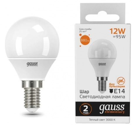 12W Gauss Elementary Шар 12W 880lm 3000K Е14 LED - КОЛОРЛОН ВТД Новосибирск