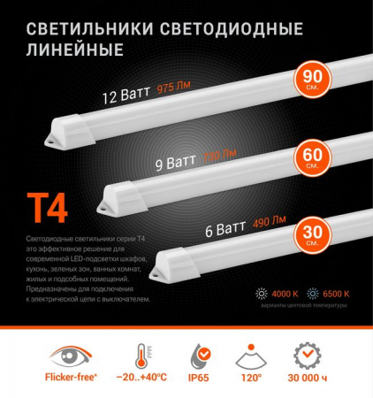 12W Led Светильник WT4S12W 4000К IP65 900x17x14 мм - КОЛОРЛОН ВТД Новосибирск