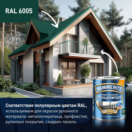 Краска Hammerite гладкая Зеленый мох RAL 6005 0,75л ЛИПЕЦК - КОЛОРЛОН ВТД Новосибирск