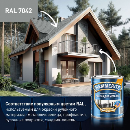 *Краска Hammerite гладкая Серая RAL 7042 0,75л ЛИПЕЦК - КОЛОРЛОН ВТД Новосибирск