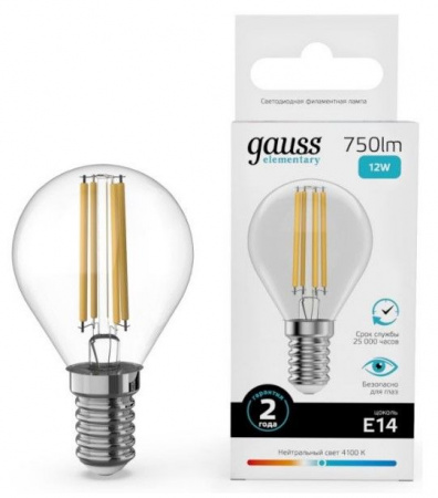 12W Gauss Filament Elementary Шар 12W 750lm 4100К Е14 LED - КОЛОРЛОН ВТД Новосибирск