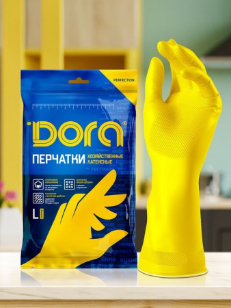 Перчатки латексные Dora с хлопковым напылением "Универсальные"   Размер L - КОЛОРЛОН ВТД Новосибирск