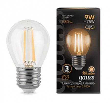 9W Gauss Filament Шар 9W 680lm 2700К Е27 LED - КОЛОРЛОН ВТД Новосибирск