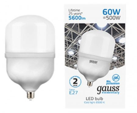 60W Лампа Gauss Elementary T160 5600lm 6500K E27 LED - КОЛОРЛОН ВТД Новосибирск