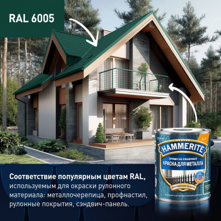 Краска Hammerite молотковая RAL6005 Зеленый мох 0,75л - КОЛОРЛОН ВТД Новосибирск