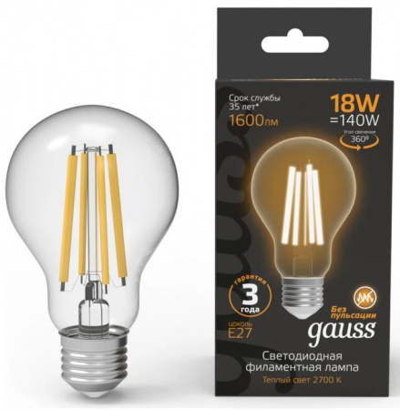 1W 8Лампа Gauss Filament А60 18W 1600lm 2700К Е27 LED - КОЛОРЛОН ВТД Новосибирск