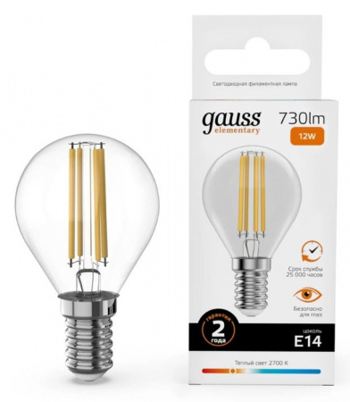 12W Лампа Gauss Filament Elementary Шар 12W 730lm 2700К Е14 LED - КОЛОРЛОН ВТД Новосибирск