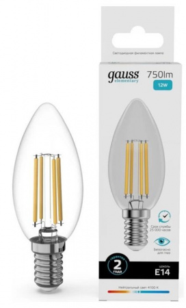 12W Gauss Filament Elementary Свеча 12W 750lm 4100К Е14 LED - КОЛОРЛОН ВТД Новосибирск