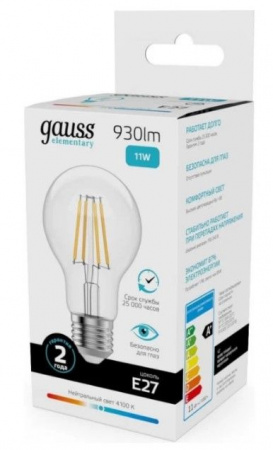 11W Gauss Filament Elementary А60 11W 930lm 4100К Е27 LED - КОЛОРЛОН ВТД Новосибирск