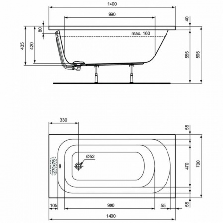 ***SIMPLICITY Прямоугольная ванна 140х70 + без ножек в комплекте W004101+B156467 - КОЛОРЛОН ВТД Новосибирск