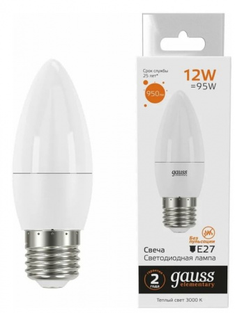 12W Лампа Gauss Elementary Свеча 12W 950lm 3000K E27 LED - КОЛОРЛОН ВТД Новосибирск