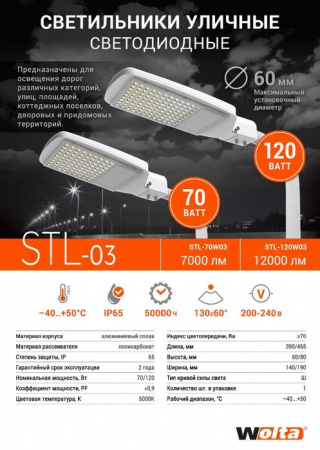 ***120W Led Wolta STL-120W03 5000K IP65 460x190x70 мм светильник - КОЛОРЛОН ВТД Новосибирск