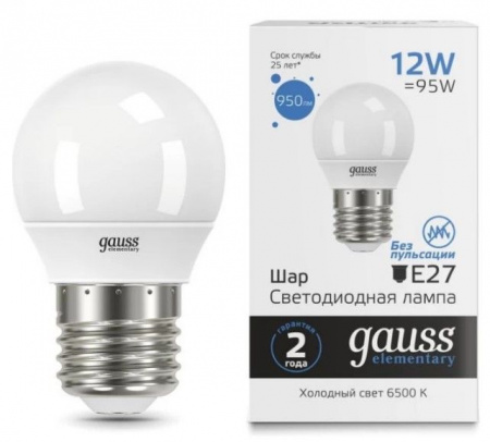 12W Gauss Elementary Шар 12W 950lm 6500K Е27 LED - КОЛОРЛОН ВТД Новосибирск