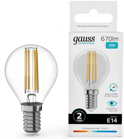 10W Лампа Gauss Filament Elementary Шар 10W 670lm 4100К Е14 LED - КОЛОРЛОН ВТД Новосибирск
