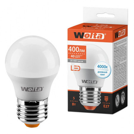 5W Led лампа WOLTA 25S45GL5E27 "Шар" G45 4000К Е27 - КОЛОРЛОН ВТД Новосибирск