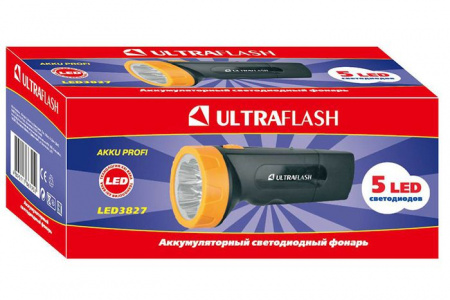 ***Ultra Flash LED3827 (аккум, черн/желт, 5LED) Фонарь - КОЛОРЛОН ВТД Новосибирск