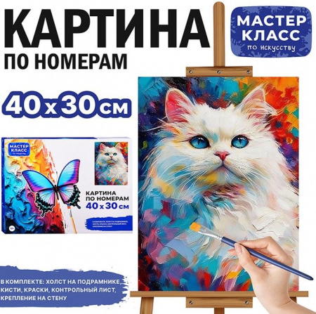 MKR4030-139 Картина по номерам "Белая кошка" 40х30 см Мастер класс - КОЛОРЛОН ВТД Новосибирск