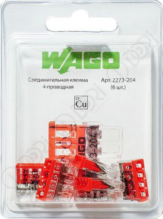 Wago 2273-204 (6шт.) клемма 4-ая (0,5-2,5мм2), 450В, 24А - КОЛОРЛОН ВТД Новосибирск