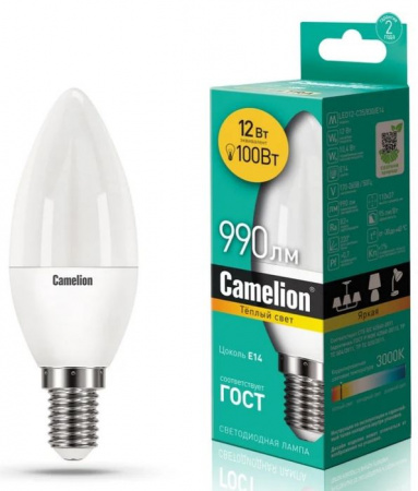 12W Camelion LED12-C35/830/E14 (Эл.лампа светодиодная 12Вт 220В) О - КОЛОРЛОН ВТД Новосибирск