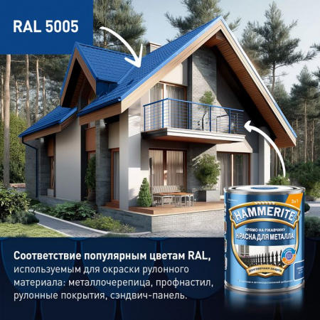 Краска Hammerite гладкая Синяя RAL 5005 0,75л ЛИПЕЦК - КОЛОРЛОН ВТД Новосибирск
