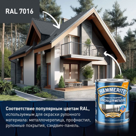Краска Hammerite гладкая Темно-серая RAL 7016 0,75л ЛИПЕЦК - КОЛОРЛОН ВТД Новосибирск